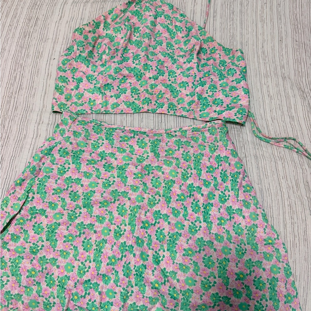 Zara Pink and Mint Floral Crop Top & Skirt Set